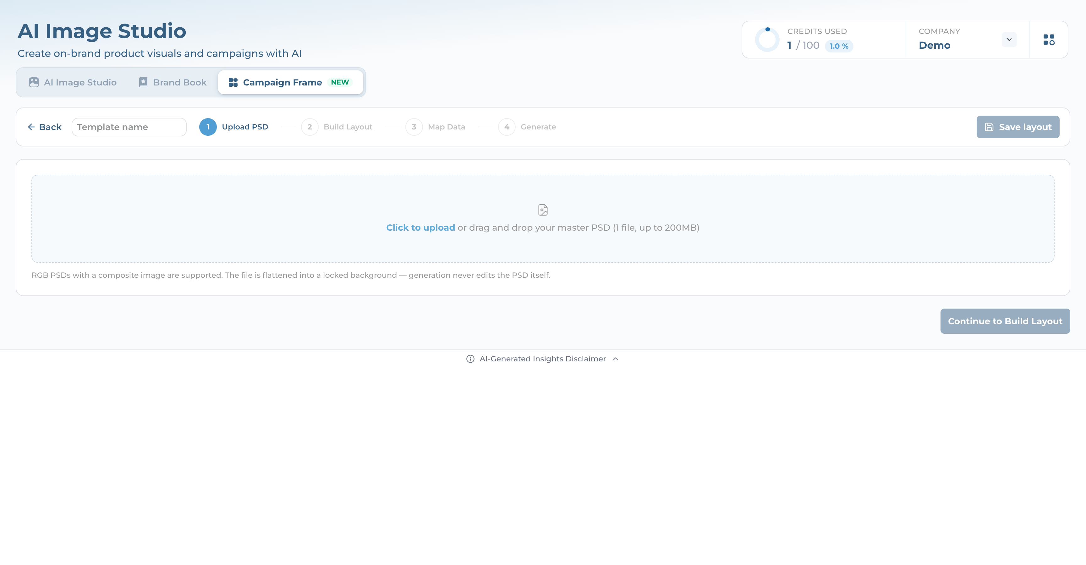 The Upload PSD step, showing an empty dropzone for the master PSD and a greyed-out Continue to Build Layout button