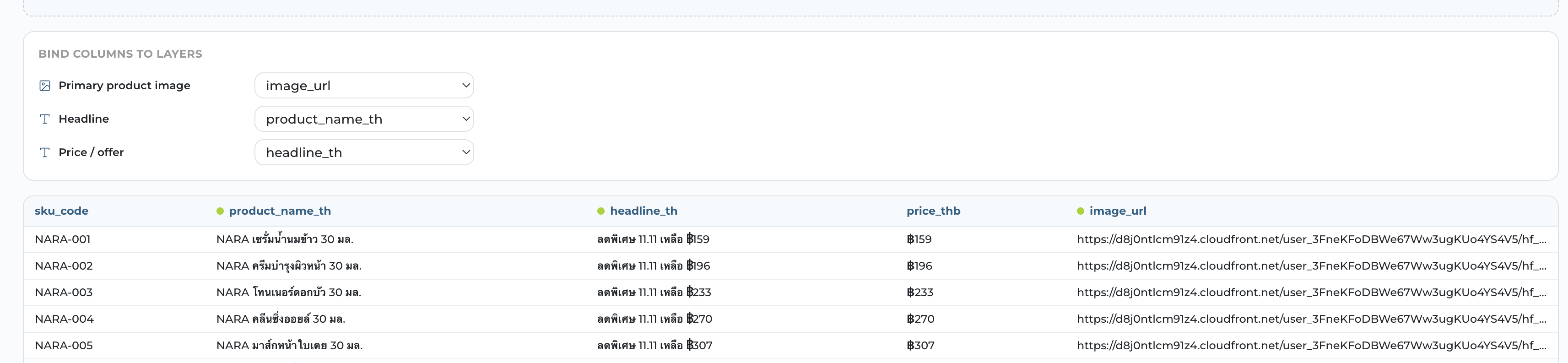 The Bind columns to layers table mapping Primary product image, Headline and Price / offer to spreadsheet columns, with green dots marking the bound column headers below